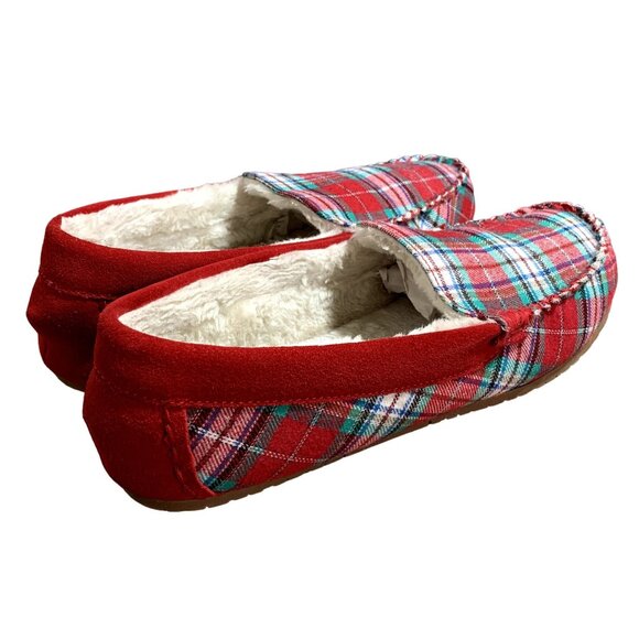Lands End Moccasin Slippers Womens 10 B Red Plaid Faux Fur Lined Flannel Shoes - Picture 9 of 12